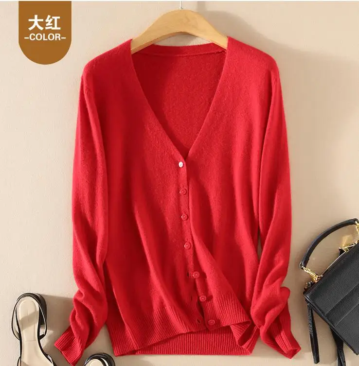 V-neck red Осенний и зимний утолщенный кашемировый свитер, женский кардиган с v-образным вырезом и длинными рукавами, короткий свободный Однотонный женский свитер - Цвет: V-neck red