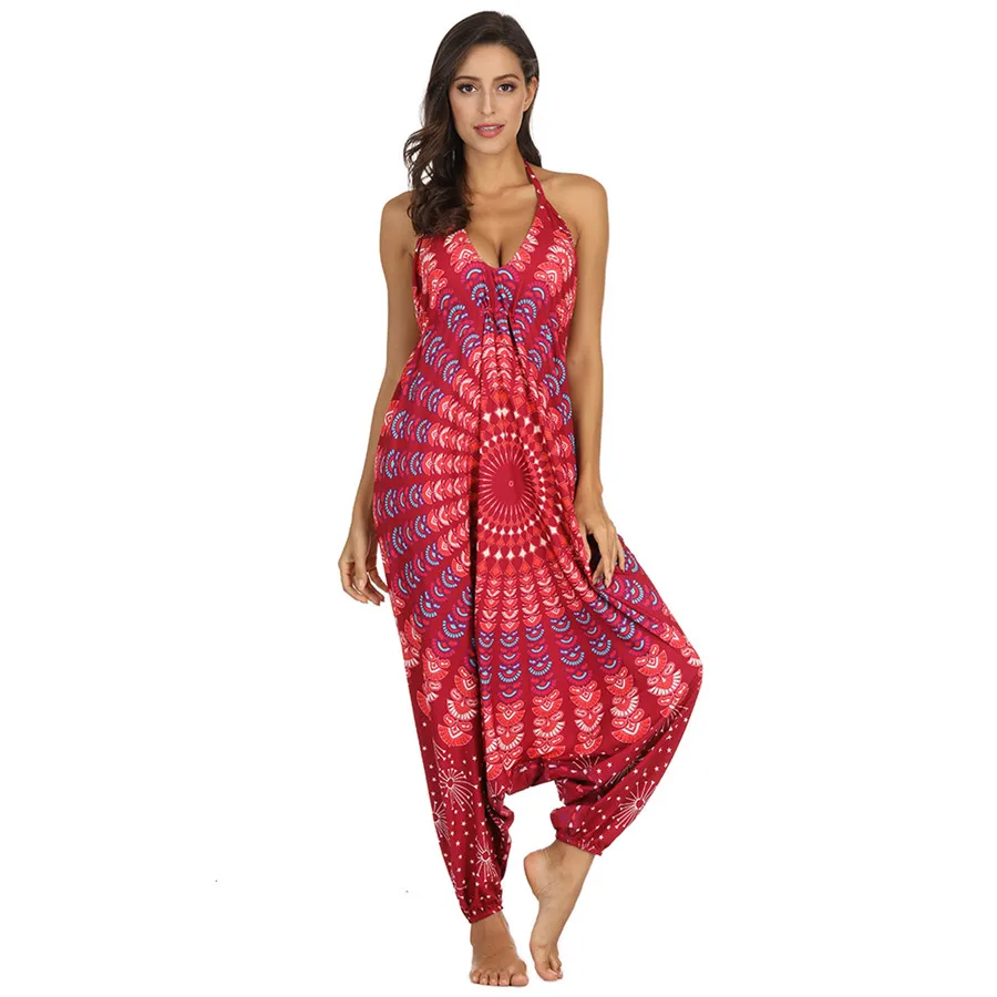 

DANCING WINGS National style digital printing Spaghetti Strap V Neck Wide Leg Jumpsuit Casual Overalls Femme