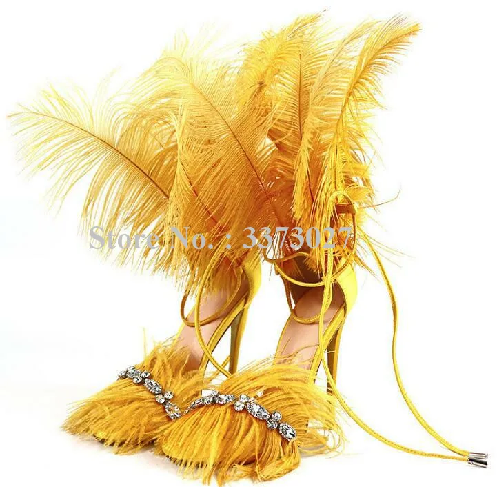 Murah Bulu Tipis Tumit Kristal Gladiator Sandal Fashion Wanita Cross-Dasi Stiletto Tinggi Tumit Sandal Bling Rhinestone Pompa