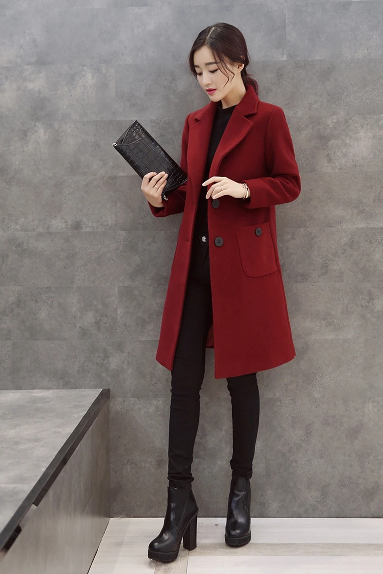 Женское зимнее корейское тонкое шерстяное пальто толстое длинное для