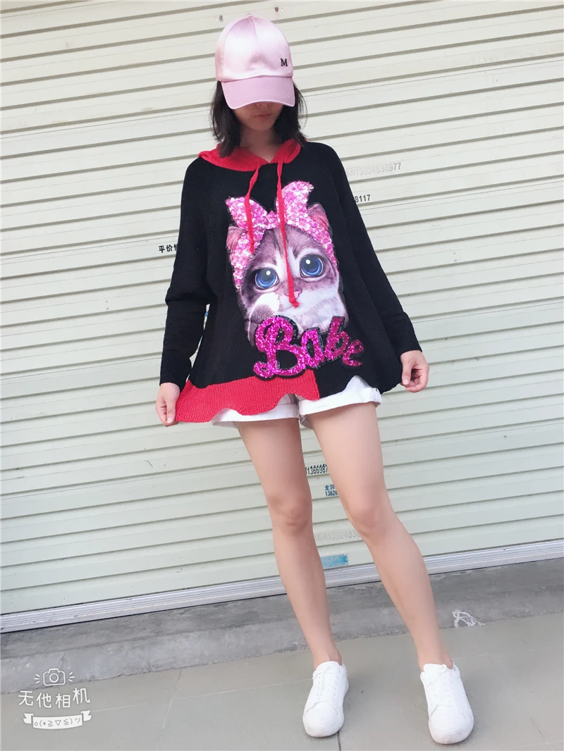 Для женщин 3D Кот пайетки трикотаж видеть сквозь тонкий свитер с капюшоном Цвет