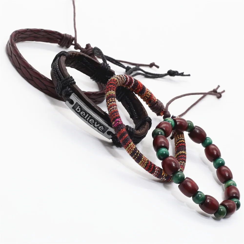 Модные Винтажные кожаные мужские и женские браслеты 4 шт./компл. с подвесками в