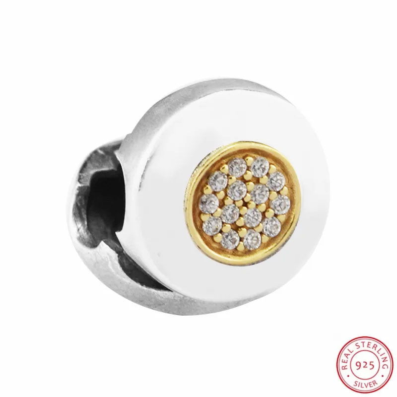 Шикарный принт логотип бусины с центральной 14 K золото и прозрачный CZ для женщин ювелирных изделий DIY Fit PANDORA Подвески Серебро 925 CL039K