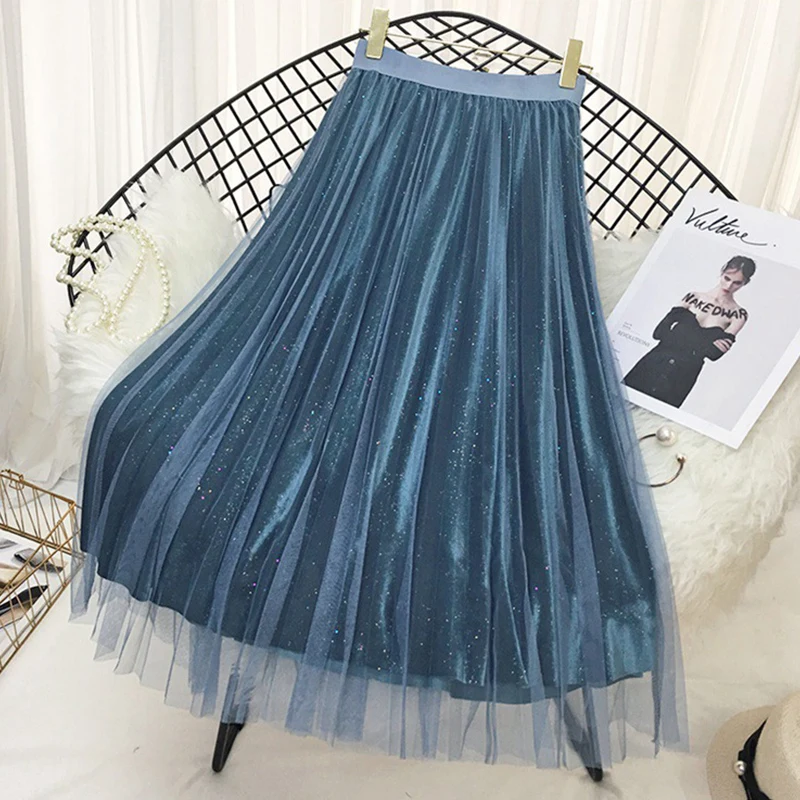 Sequin Velvet Tulle Skirts Women 2018 Autumn Winter Long Korean Elegant High Waist Pleated A-line Blue School Skirt Female | Женская