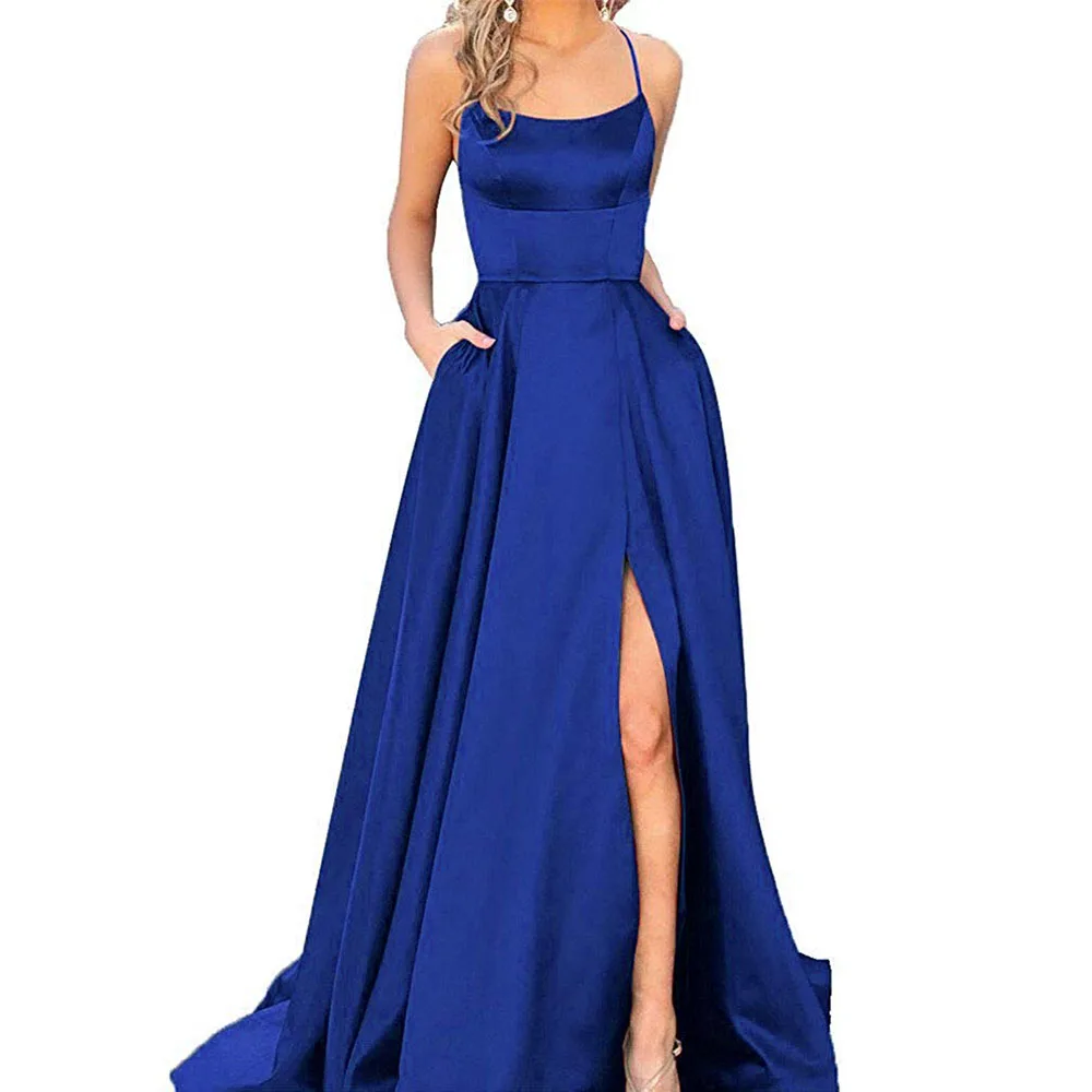 royal blue Сексуальные длинные платья для выпускного вечера с перекрещивающимися на спине карамельного цвета без бретелек, атласные платья для выпускного вечера на тонких бретелях, вечерние платья с разрезом - Цвет: royal blue