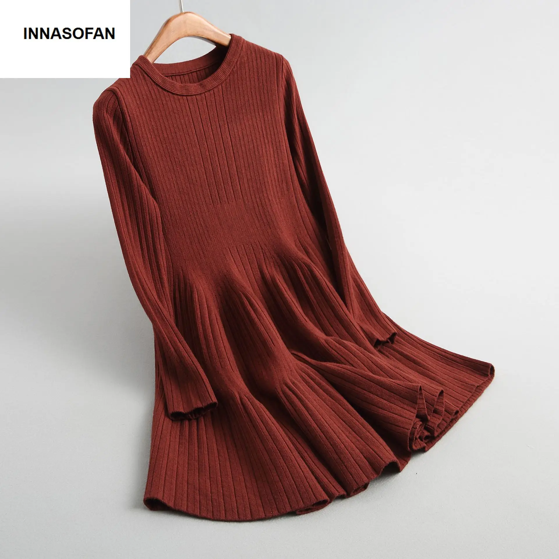 INNASOFAN dressWomen's Autumn-winter knitted mini-dress Euro-American fashion long sweater with flounces and sleeves | Женская