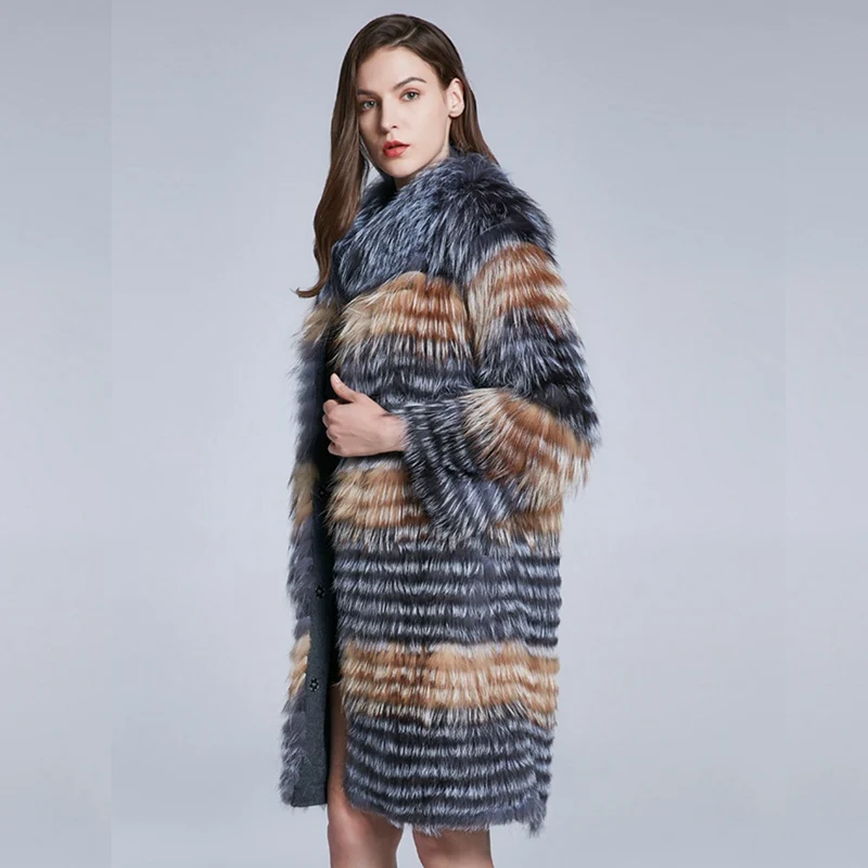 

Luxury Real Striped Fox Fur Coat Autumn Genuine Women Fur Trench Outerwear Jacket Lady Plus Size Overcoat LF5183