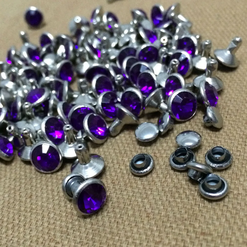 

New Coming 100Sets 8mm Dark Purple CZ Acrylic Crystals Rhinestone Rivets Silver Nailhead Spots Studs DIY Shipping Free