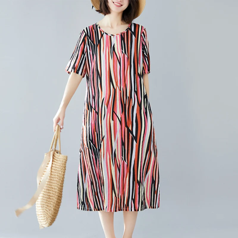 Женское Хлопковое платье в полоску с коротким рукавом свободное повседневное