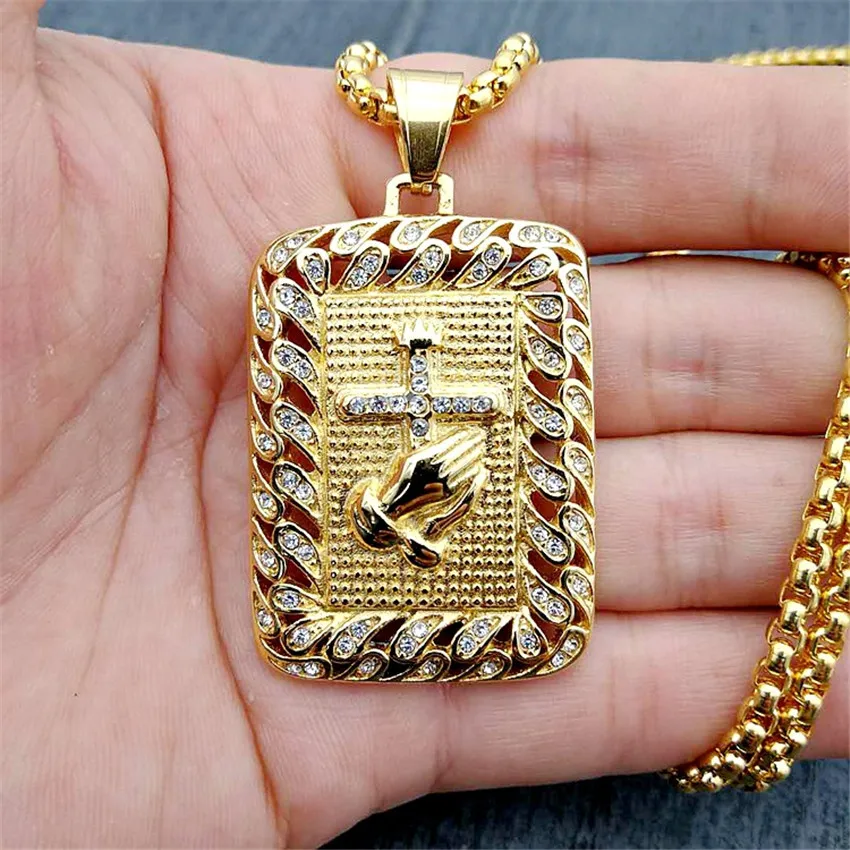 

Hip Hop Iced Out Bling Square Prayer Hands Cross Pendants Necklaces Gold Color Stainless Steel Religious Jewelry XL1138