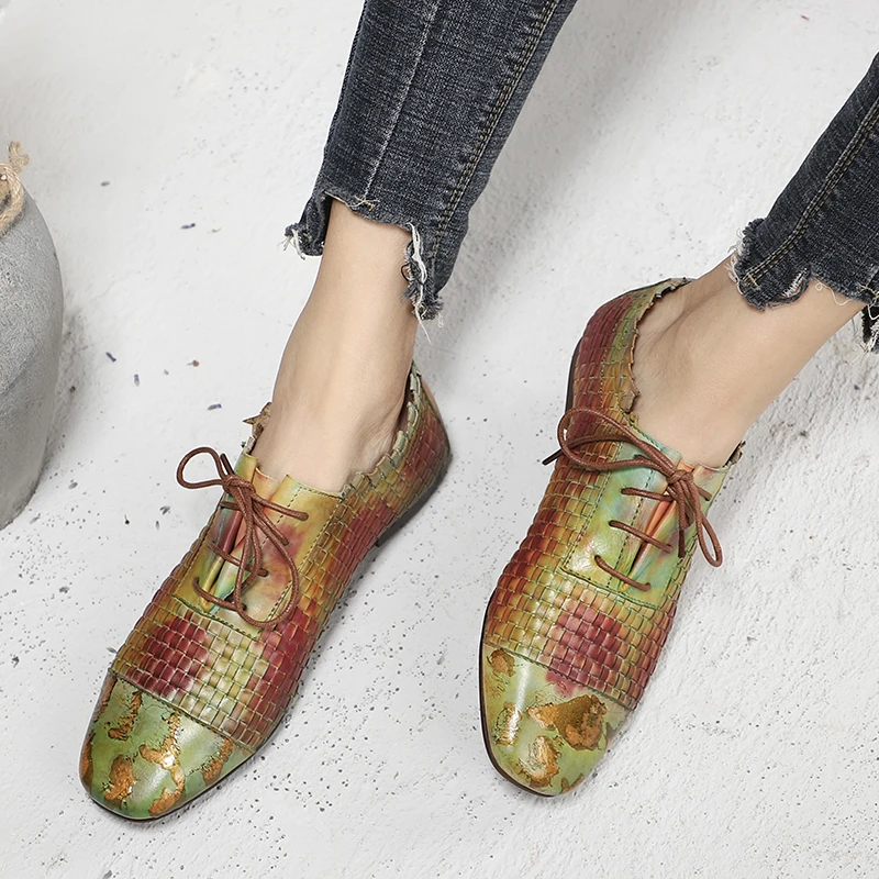 Woven Shoes Woman Latest Design Female Colorful Flat Shoes Hand-Painted Lace-Up Lady Casual Shoes Square Toe Footwear