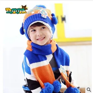 

2PCS/SET Korean version of children's knitted hat Scarf Boys girls Robot Patterns Winter warm Suede cap + Scarf Set 2-6yrs