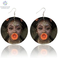 somesoor flat round both sides painting earrings african flower beauty black woman natural hair afro photos wood jewelry gifts