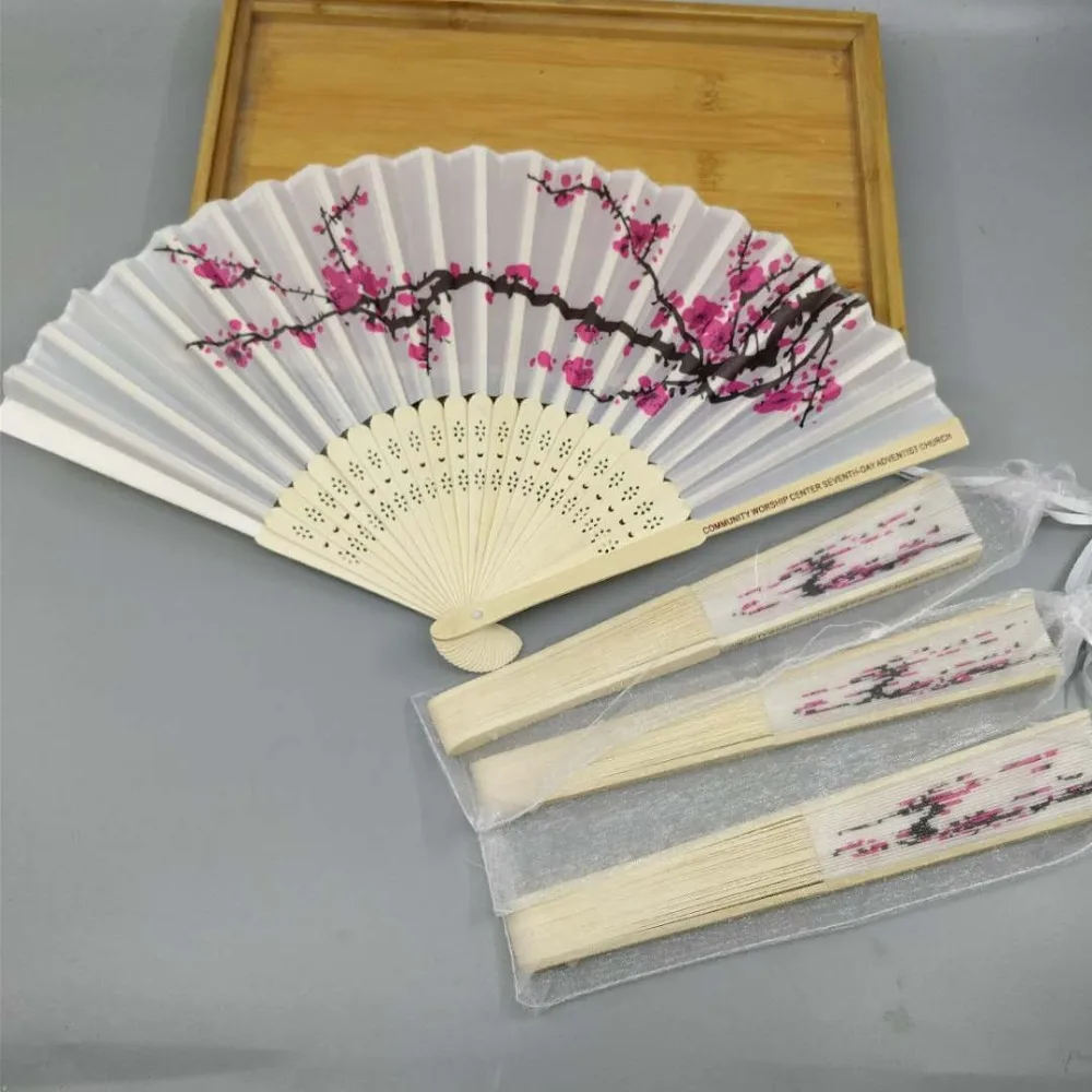 

Free Shipping 50 pcs lot Silk Bamboo Bridal shower Anniversary Favors and Gifts Personalized Wedding Hand Fans