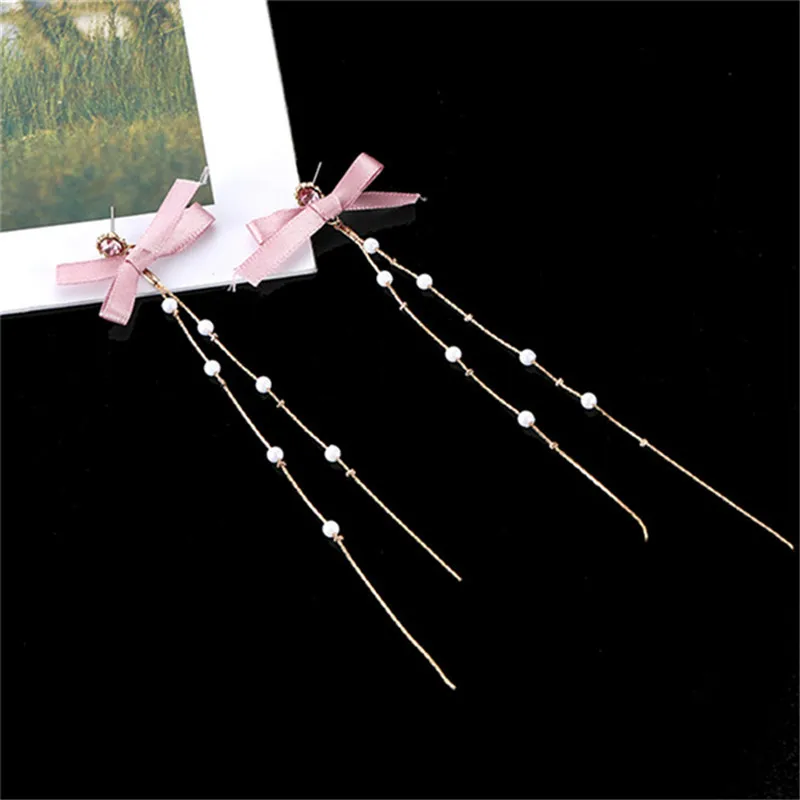 Модные длинные серьги с розовым бантом и кристаллами имитация жемчуга женские
