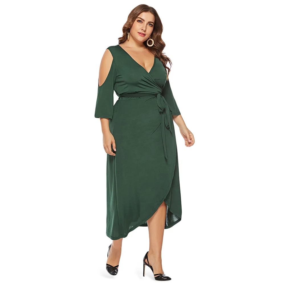Medium Sea Green Платье с глубоким вырезом 3/4, рукав-колокол, с открытыми плечами, с поясом, асимметричное, одноцветное, женское платье большого размера, повседневное, до середины икры, Vestido 6XL - Цвет: Medium Sea Green