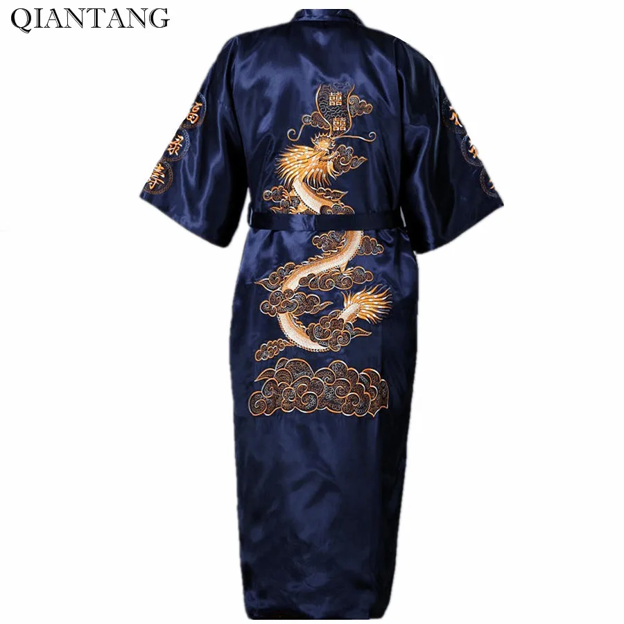 

Hot Sale Navy Blue Chinese Men's Satin Robe Embroidery Kimono Bath Gown Spring Autumn Nightwear Size S M L XL XXL S0008