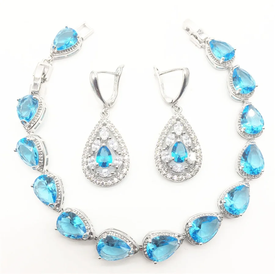 Sea-blue Zircon Costume Silver 925 Jewelry Sets Women Bracelets Earrings With Stones Pendant&ampNecklace/Rings Set Jewelery | Украшения и