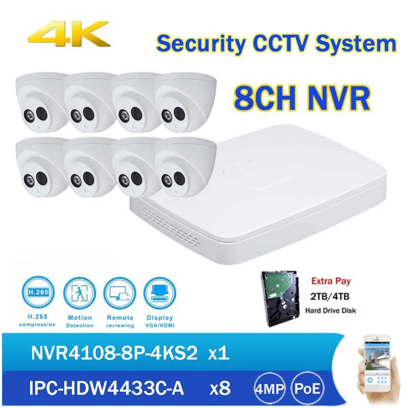 Оригинальный DH 4 К NVR комплект 4MP POE IP Камера IPC-HDW4433C-A Встроенный микрофон с H.265 8CH PoE