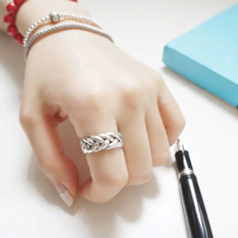 YPAY Pure 100% 925 Sterling Silver Adjustable Ring Jewelry Retro Thick Weave Rings for Women Anillos Bague Femme &amp Homme YMR584 |