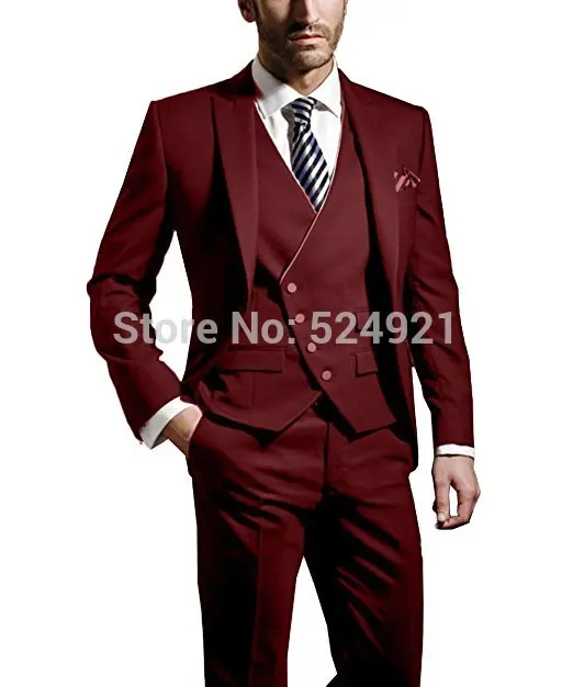 

Slim Fit Groomsmen Dark Red Groom Tuxedos Peak Lapel Men Suits Wedding/Prom Best Man Blazer ( Jacket+Pants+Vest +Tie) C301