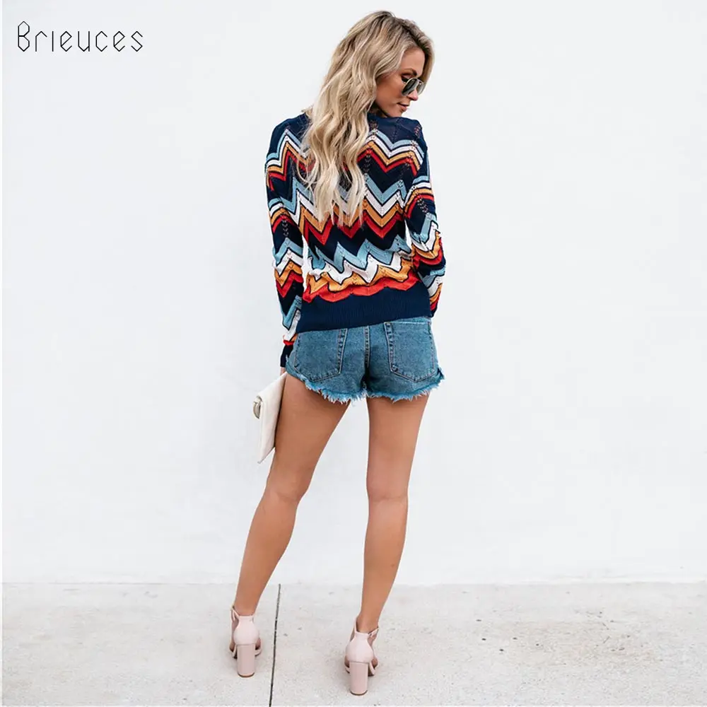 Brieuces autumn winter knitted sweater pullover Women loose full sleeve hollow Runway rainbow sweet Sweater street star | Женская одежда