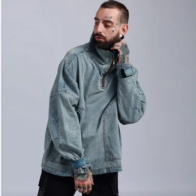 

Steampunk men's Spring Autumn Fashion Hoodies Male Hoodies Sweatshirts denim zipper turtleneck clothing