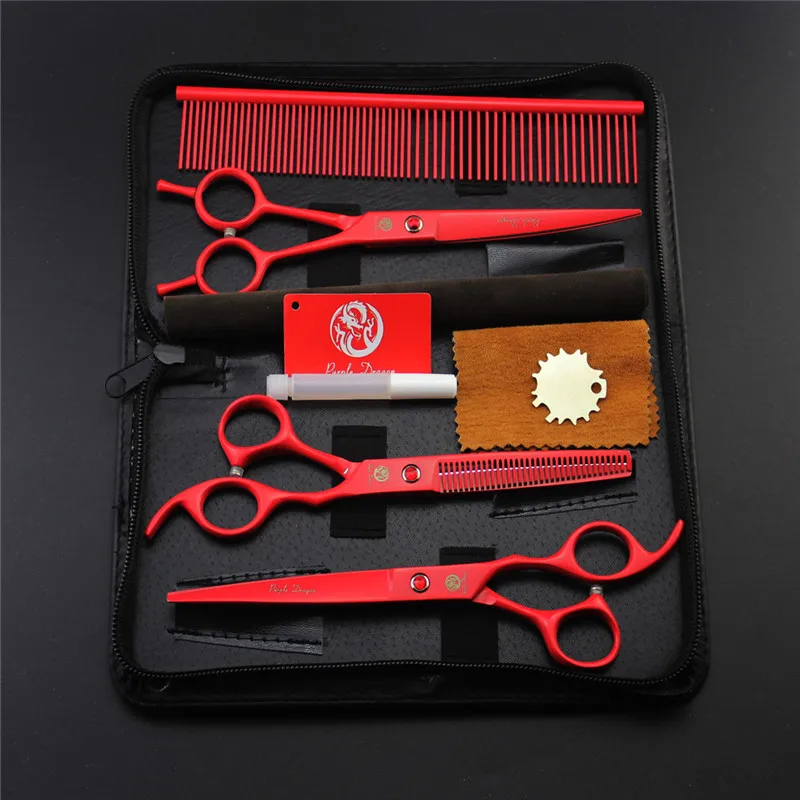 

Purple Dragon 4pcs/set 7 inch Professional Pet Dog Grooming Scissors (Straight +Curved +Thinning) Shears +Comb Pet Haircut Tools