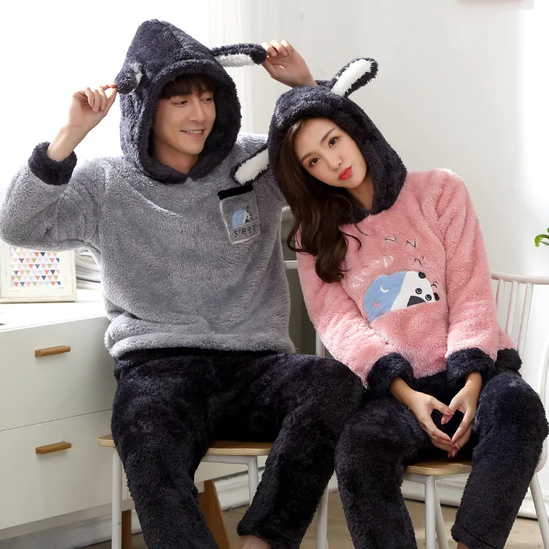 JINUO New Arrival Products Winter Plush Thicken Pajama Sets Lovers Cartoon Sleepy Panda Warm Soft Home Wear Sleepwear | Мать и ребенок