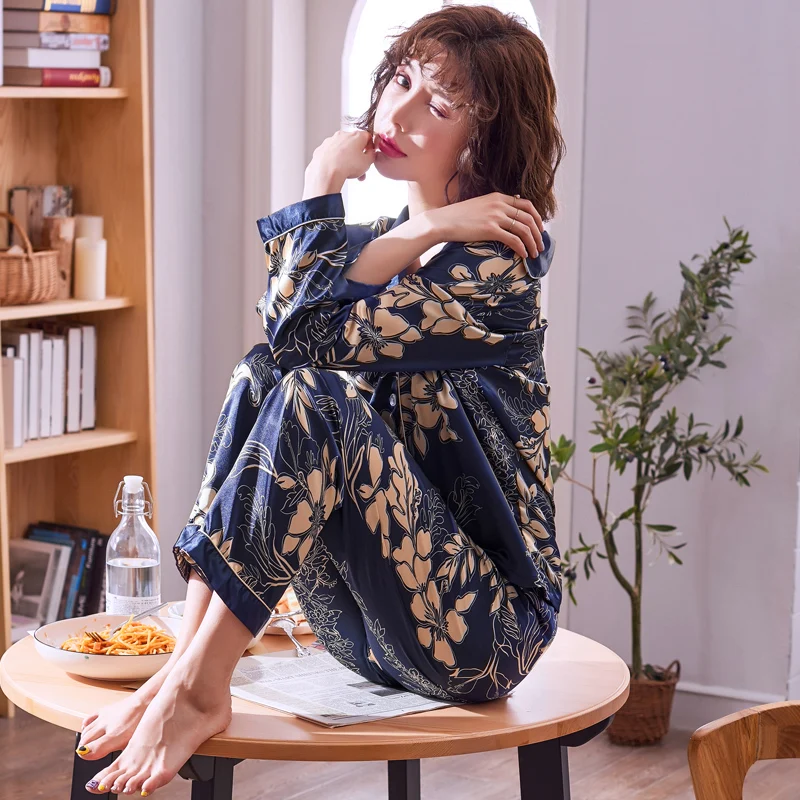 Одежда для сна девочек сезон весна-осень Шелковая пижама с длинными рукавами в