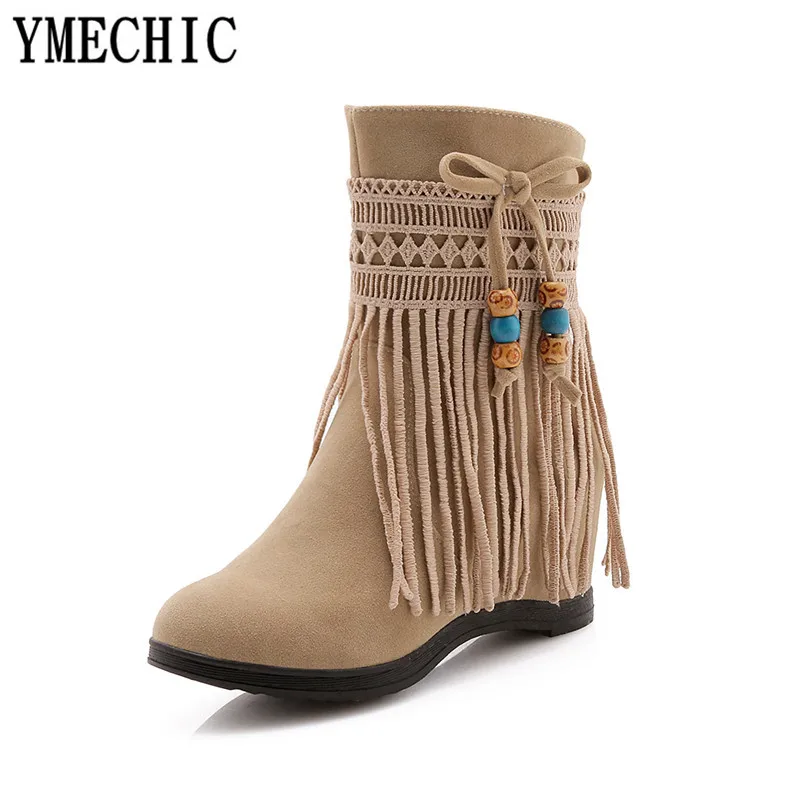 Женские ботинки с бахромой YMECHIC черно-Бежевые из флока бантом-бабочкой на скрытом