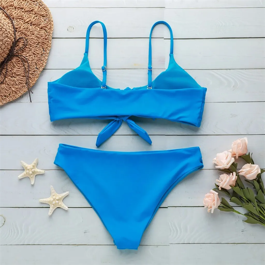Женский купальник бикини с бантиком SAGACE голубой однотонный подкладкой из двух