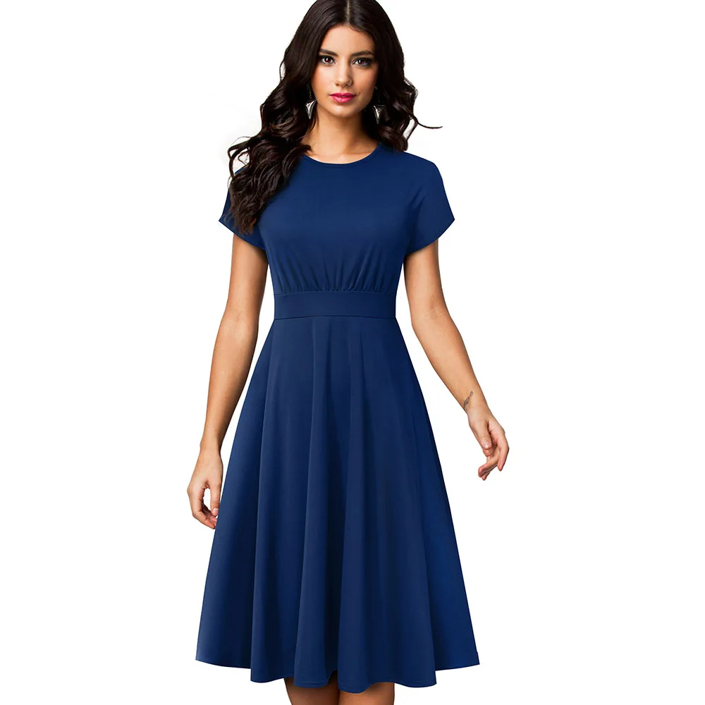 Solid Navy Blue Хорошее-forever винтажное элегантное плиссированное платье с цветочным принтом и круглым вырезом трапециевидной формы Pinup деловые вечерние женские Расклешенные платья A102 - Цвет: Solid Navy Blue