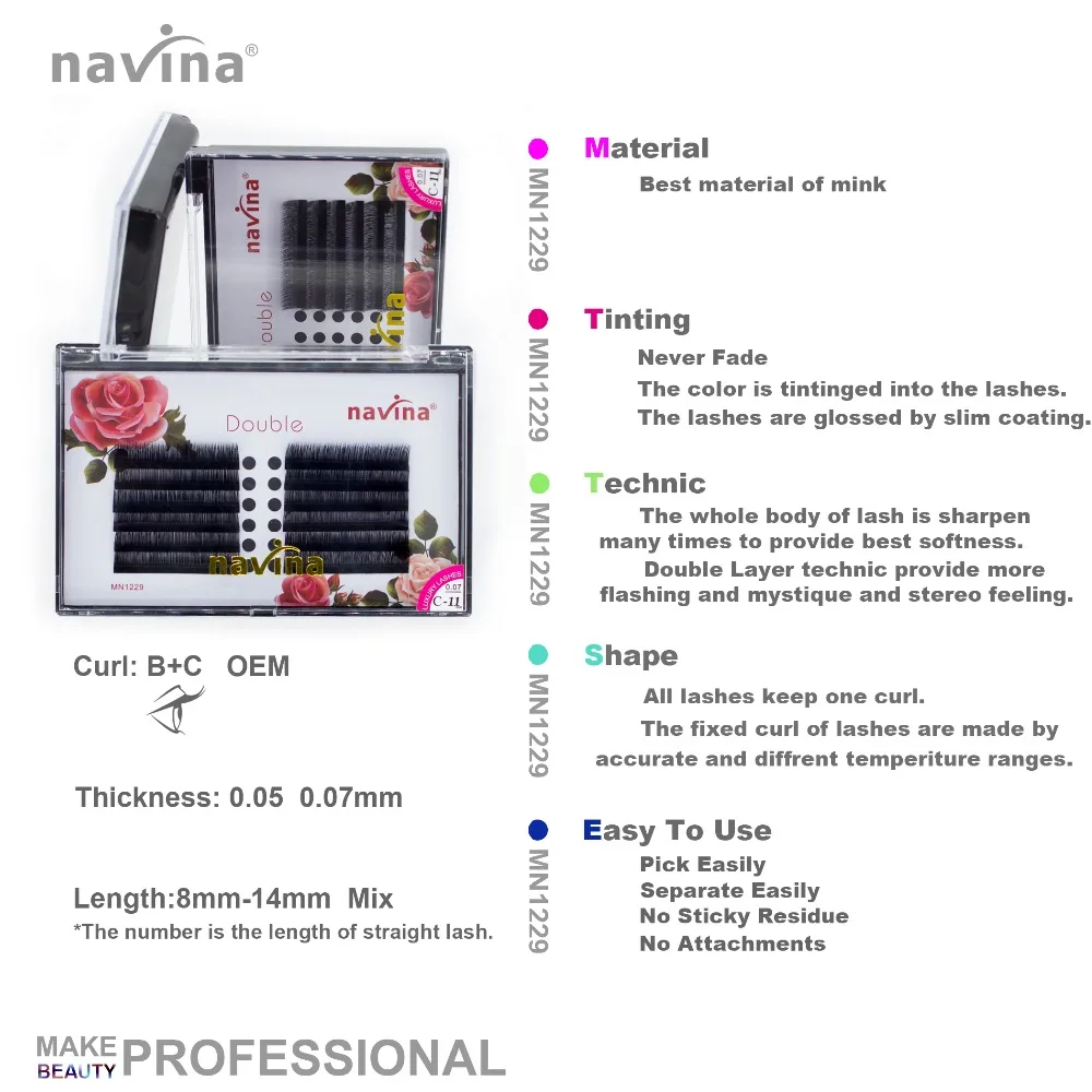Накладные норковые ресницы для макияжа navina Two crul in one Curl B + C толщина 0 05-0 07 мм Длина