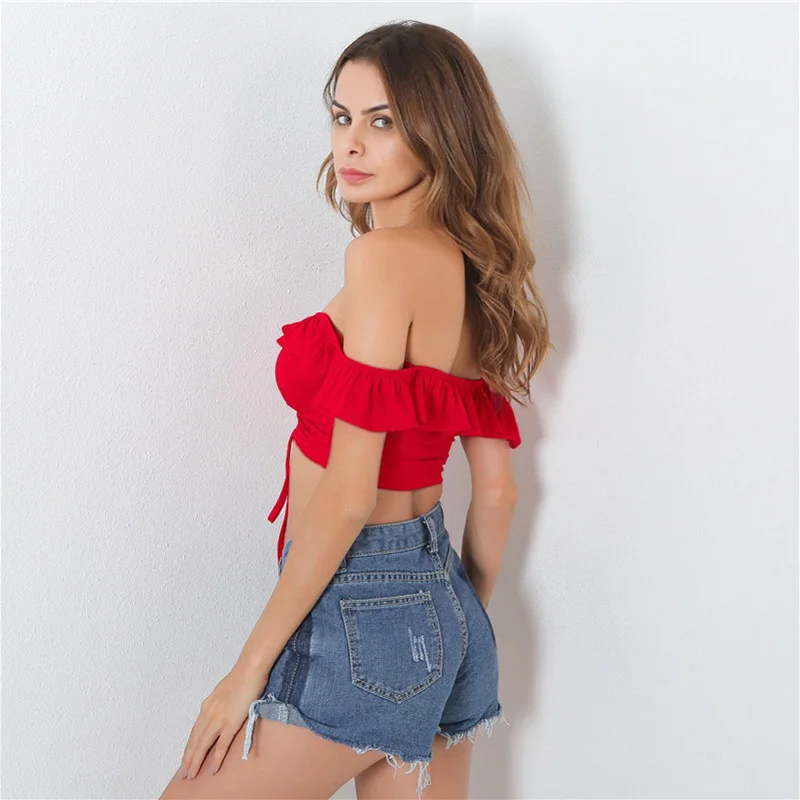 T012 красный с плеча оборками шеи ruched сексуальный женский укороченный топ