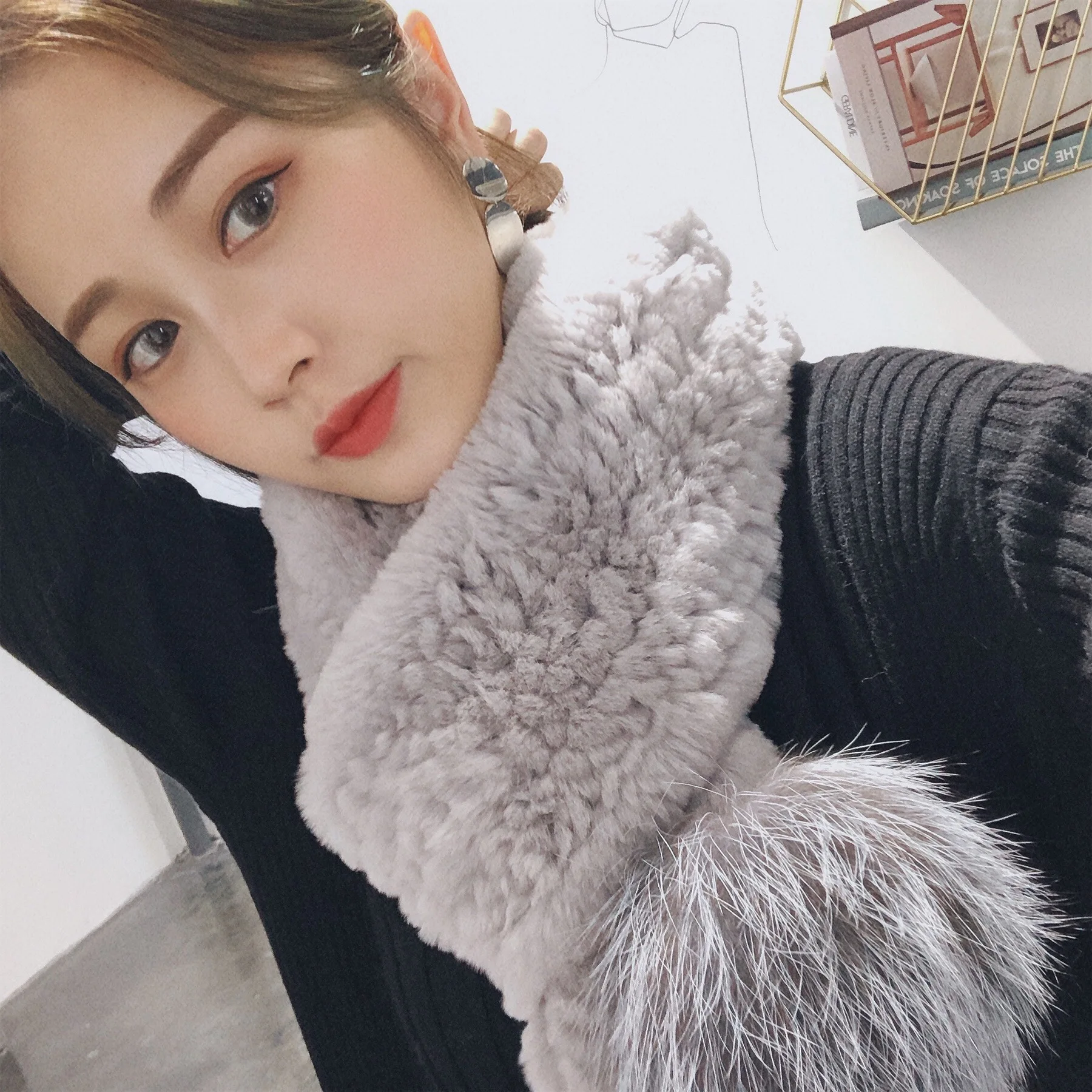 Real Fox Fur Big Pompom Natural Scarf Women Rex Rabbit Scaves Winter sc0005 | Wraps