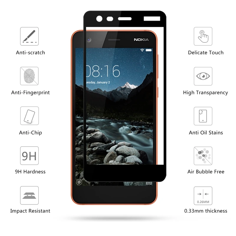 Полное покрытие закаленного стекла для Nokia 2, защитная пленка для экрана 5,0 дюймов, электропокрытие.