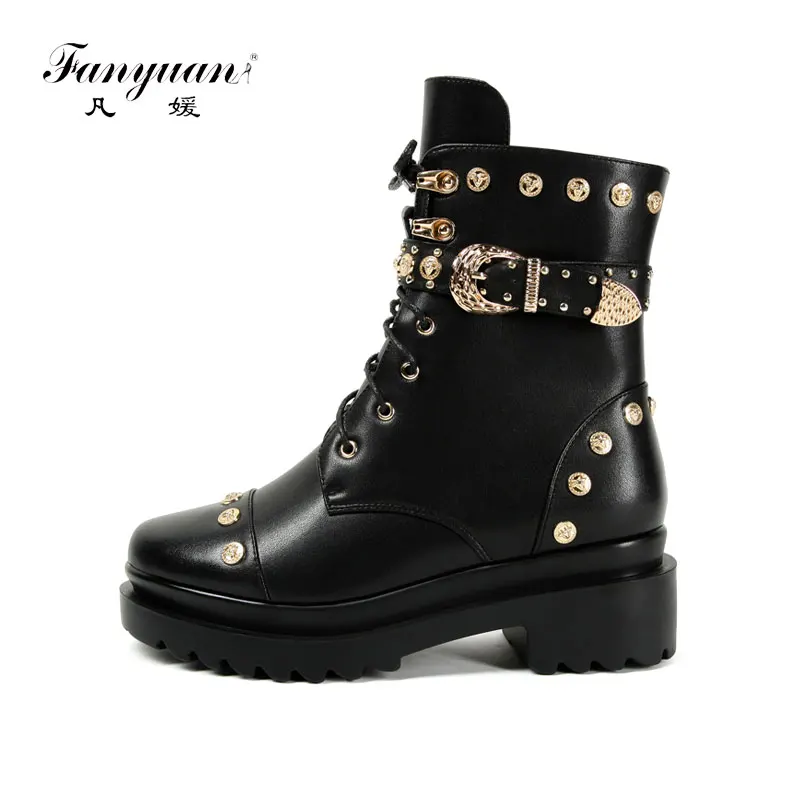 

fanyuan Women High Heels Ankle Boots Winter Lace Up Genuine cow Leather Platform Shoes Woman Designer Gothic Boots Size 34-39