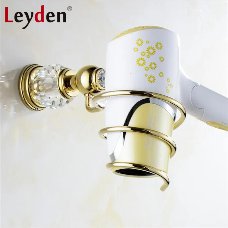 

Leyden Luxury Golden Brass& Crystal Hair Dryer Rack Hairdryer European Royal Wall Mounted Hair Dryer Holder Bathroom Accessories