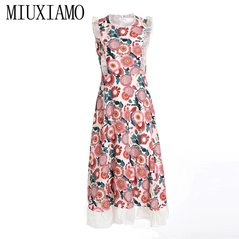 Женское длинное платье до щиколотки MIUXIMAO зеленое без рукавов с круглым вырезом и