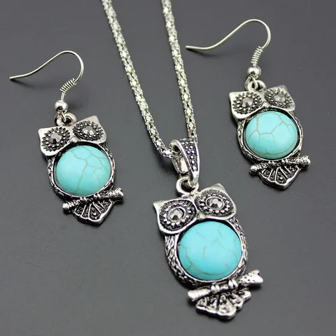 Этнический стиль сова украшения с синим камнем наборы тибетское серебряное ожерелье серьги для девочки женский подарок STZ002