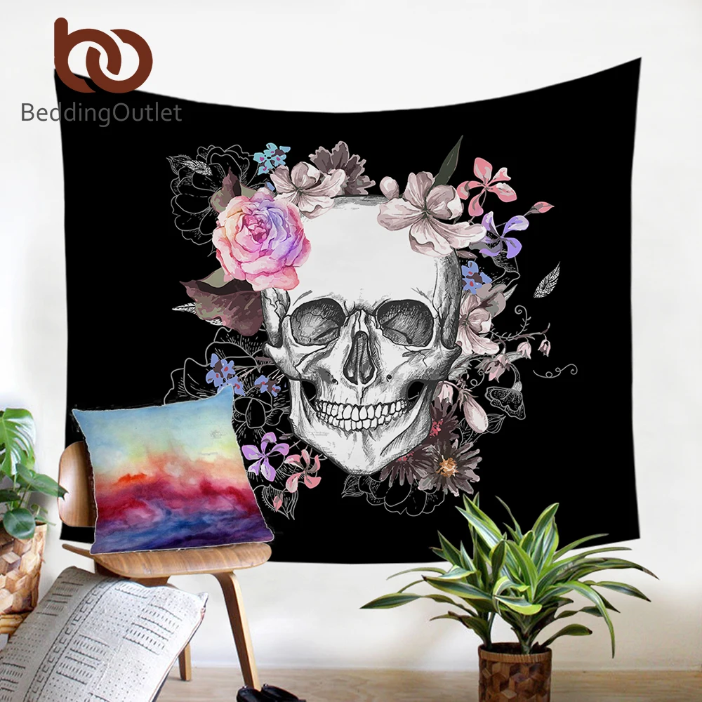 

BeddingOutlet Sugar Skull and Floral Tapestry Flowers Printed Microfiber Wall Hanging Home Decor Bedlinen Sheet Art Carpet