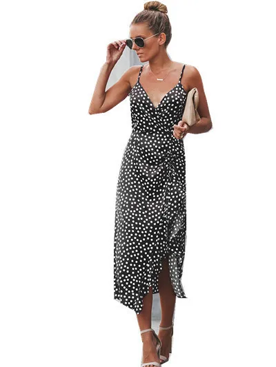 

Wave Point Dress Ruffled B Women Dresses Sundress Fashion Polka Dot Halter V-Neck dovetail Slit Sexy Dress Beach Party Vestidos