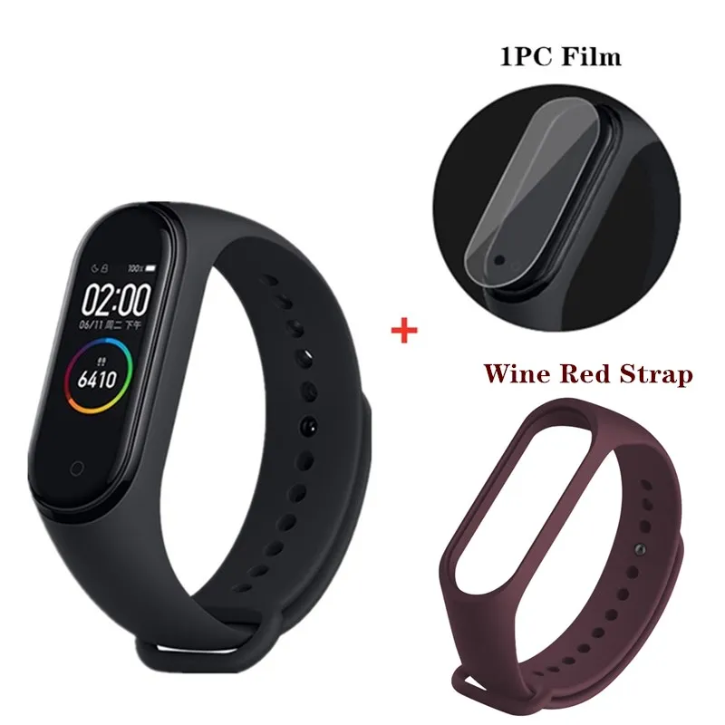 add wine red strap Xiaomi Mi-браслет 4, умный Браслет, 0,95 дюймов, цветной экран, Bluetooth, 5,0, 135 мА/ч, пульсометр, фитнес, водонепроницаемый браслет, 4 браслета - Цвет: add wine red strap