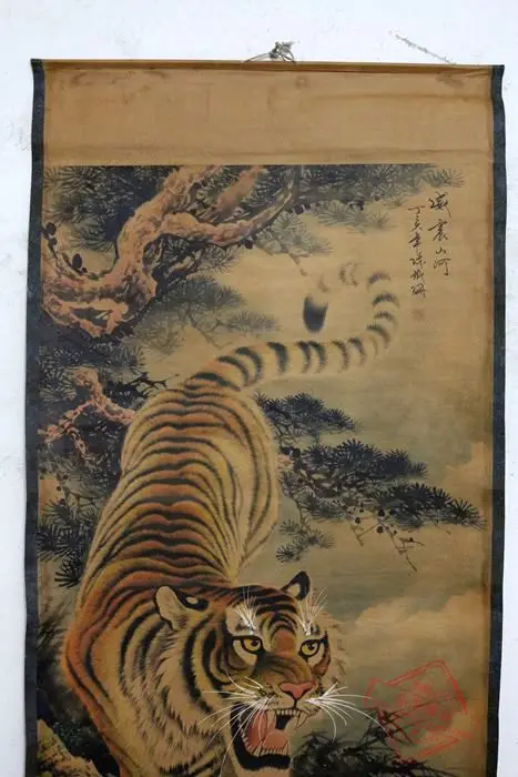Редкий Старый китайский QingDyansty прокрутки живопись тигр изысканный дизайн ручной