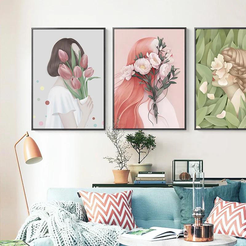 Nordic Hand painted beautiful girl Canvas Painting Prints Posters figures flowers Pictures for Living Room Morden home Decor Дом и сад