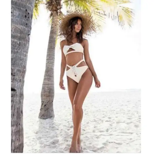 ZMTREE 2018 New Bikini White Swimsuit Women High Waist Swimwear Bottom Lace Up Bikini Set Bandeau Beach Wear Bowknot Swim Suit