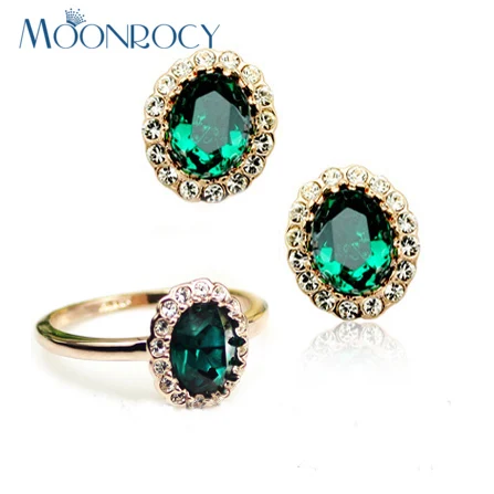 MOONROCY Free Shipping fashion Ring and Earring set Rose Gold Color Green Crystal Wedding Jewelry Set wholesale for women|ring earring set|jewelry