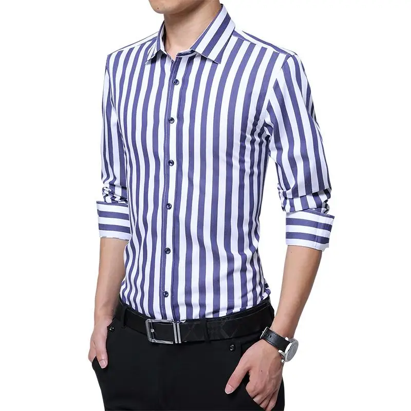 

LOLDEAL Male Summer Long-sleeved Shirt Male Business Stripe Casual Shirt