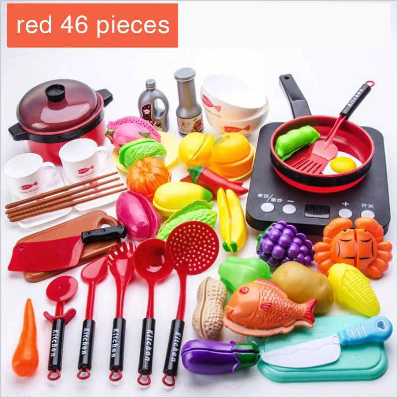 46pieces(red) 17-38 шт., Детский набор кухонных игрушек, кухонная утварь котелок кастрюля, детские игрушки для приготовления пищи, игрушки для игр, набор кухонных игрушек, детские подарки - Цвет: 46pieces(red)